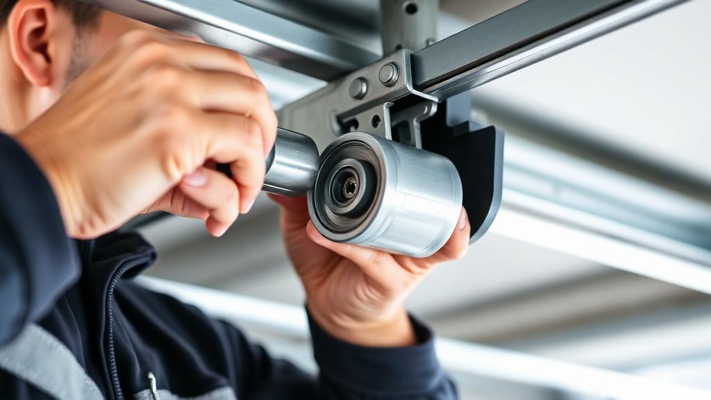 Professional technician replacing garage door rollers in Newton MA